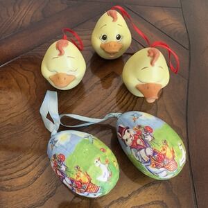 VTG Easter Yellow Ceramic Ducks Paper Mache Eggs Ornaments Lot Of 5 Spring Color